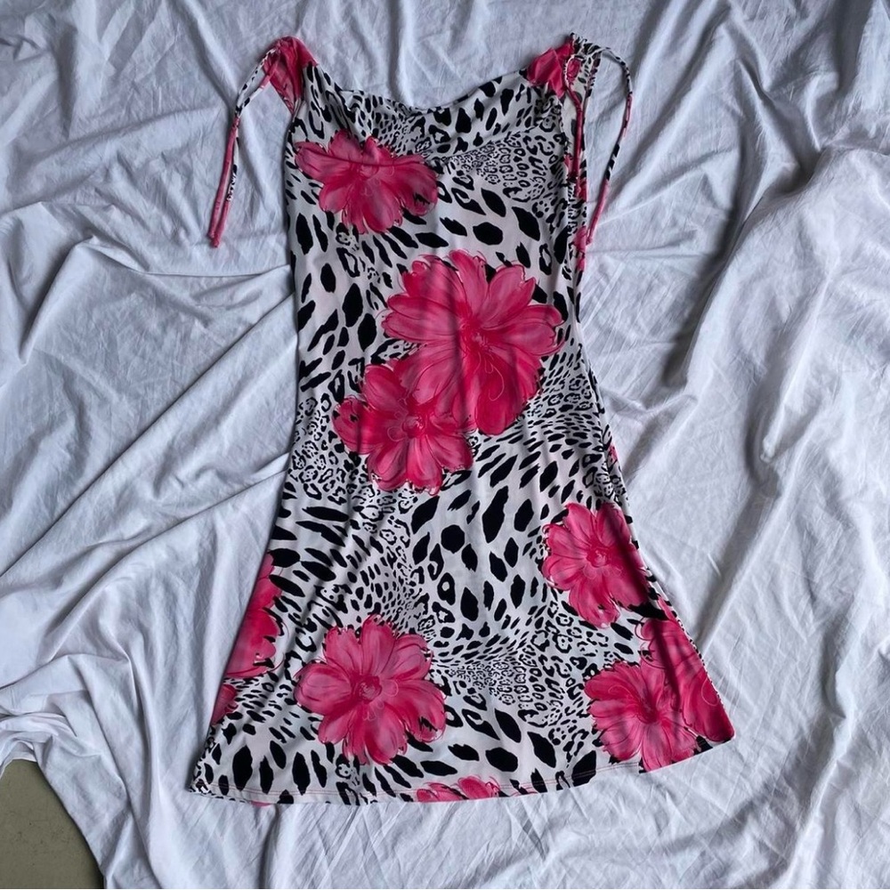 Bright Pink Floral & Animal-Print Mini Dress with Tie Straps
